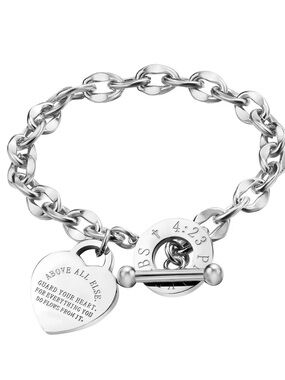 Polished Silver Heart Charm Toggle Bracelet